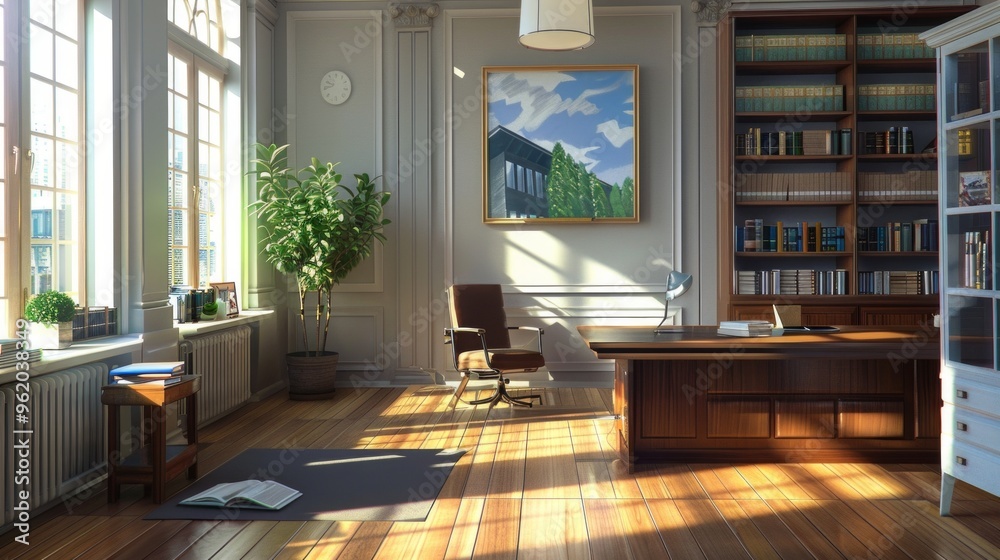 Fototapeta premium Image shows well-lit office with sunlight, large desk, laptop, books, plant, and classic decor creating serene, productive, and creative work environment.