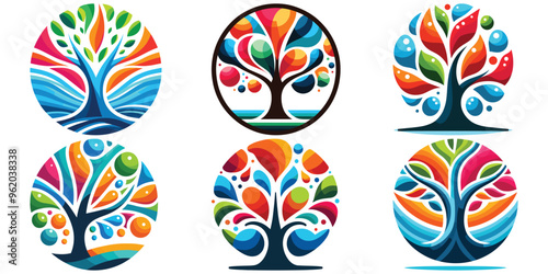 Colorful geometric tree illustrations vector vibrant circles abstract backgrounds decorative art