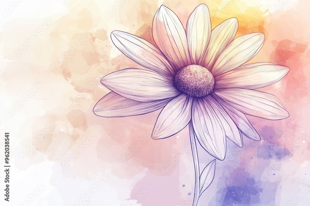 Fototapeta premium Delicate Daisy in Continuous Line Art with Watercolor Background Depth