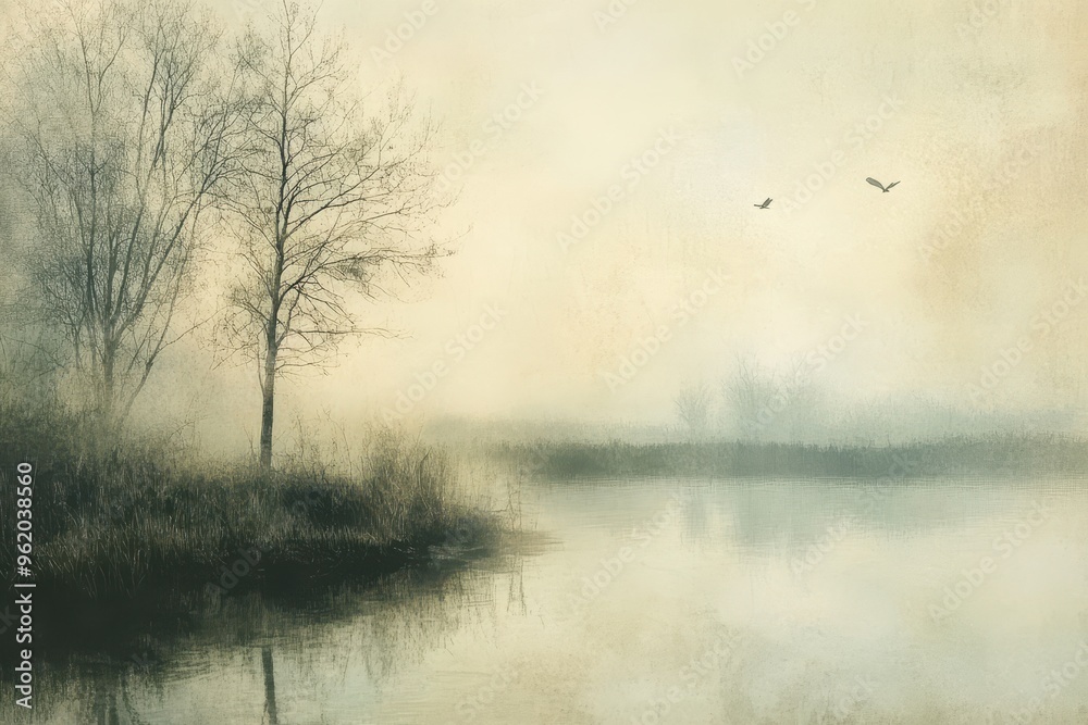 Fototapeta premium A Solitary Tree by a Misty Lake with Flying Birds