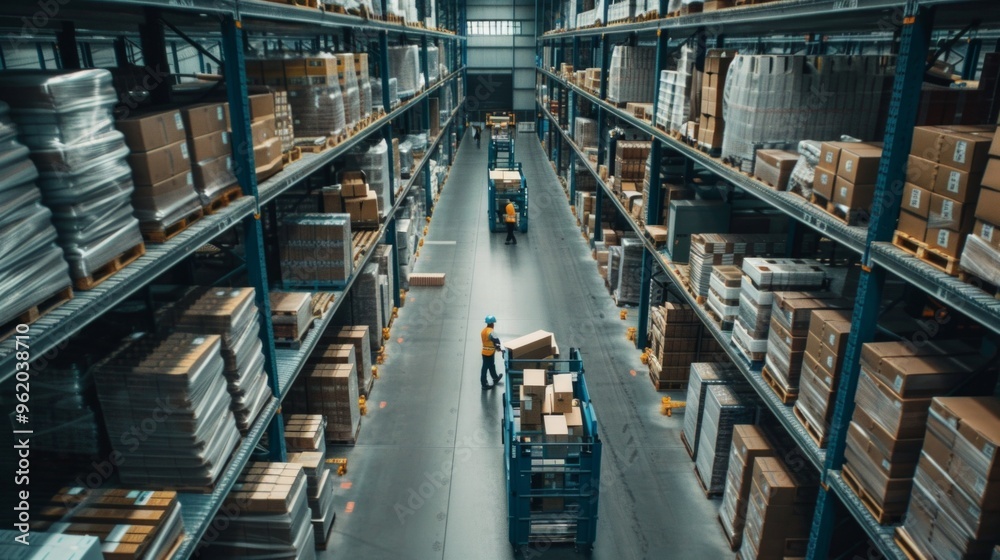 Image shows busy warehouse with high shelves of boxes, workers in helmets, and carts moving packages, creating industrious atmosphere. Image shows busy warehouse with high shelves of boxes, workers in helmets, and carts moving packages, creating industrious atmosphere.