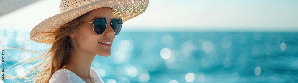 Elegant woman enjoying a summer getaway on a luxury yacht, embodying a carefree lifestyle and travel dreams in a serene, minimalist setting. Elegant woman enjoying a summer getaway on a luxury yacht, embodying a carefree lifestyle and travel dreams in a serene, minimalist setting.