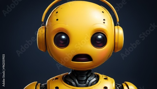 A detailed 3D digital illustration of a yellow robot wearing headphones. The robot has a friendly, surprised expression with large, round eyes, and is set against a dark background, emphasizing its