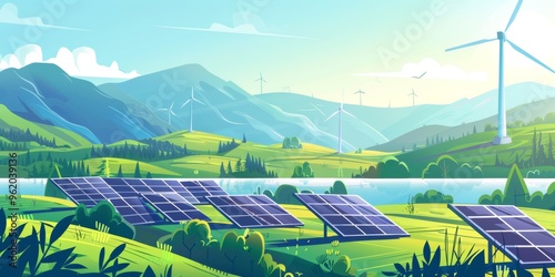 Renewable energy shift, wind farms and solar fields, flat design illustration