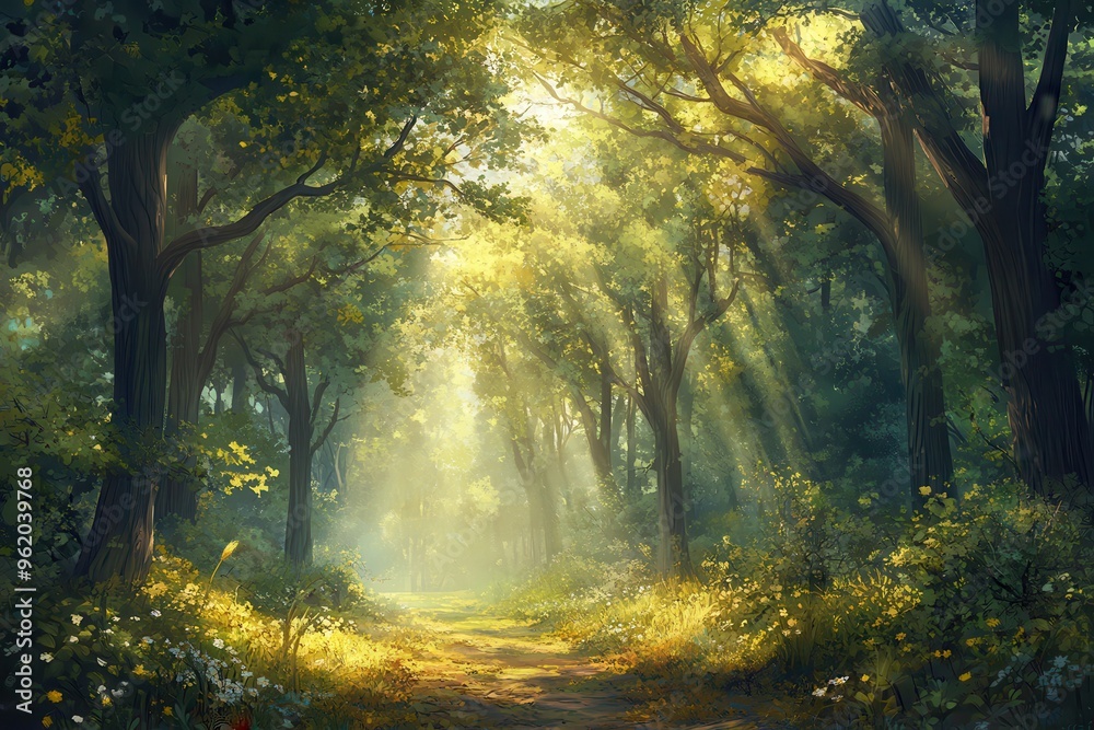 Sunbeams Shining Through a Forest Path Sunbeams Shining Through a Forest Path