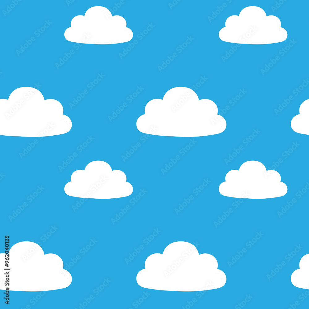 Seamless pattern of fluffy clouds on a blue sky, ideal for backgrounds or textiles.
Seamless pattern of fluffy clouds on a blue sky, ideal for backgrounds or textiles.