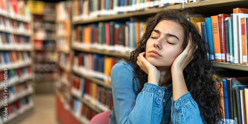 Sad tired girl student on the background of bookshelves and books in the library. Exam stress, academic failures, loss of motivation