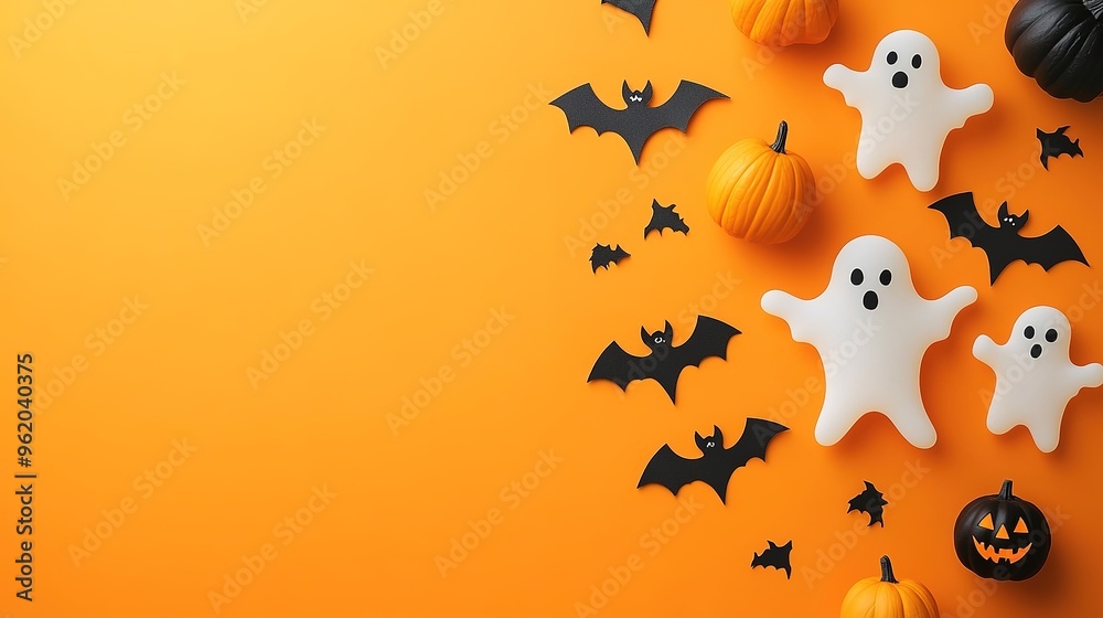 Halloween corner border of scattered candy and decor. Above view over an orange banner background with copy space Halloween corner border of scattered candy and decor. Above view over an orange banner background with copy space