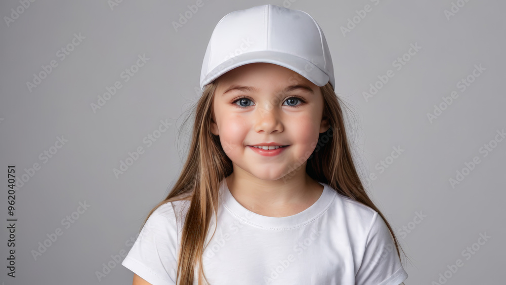 Little girl wearing white t-shirt and white baseball cap isolated on grey background Little girl wearing white t-shirt and white baseball cap isolated on grey background