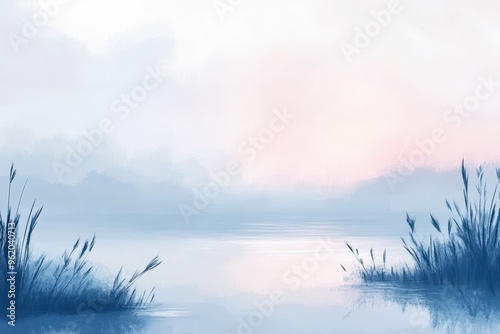 Foggy Morning Landscape with Silhouetted Reeds and a Calm Lake