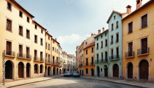 A picturesque European street featuring colorful pastel buildings on a sunny day. The street is empty, showcasing the charming architecture and tranquil atmosphere of this urban scene.. AI Generation