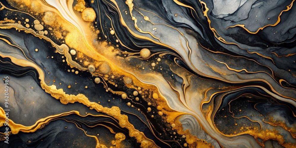 Abstract Swirling Gold and Black Ink, Acrylic Pour, Fluid Art, Marbling, Liquid, Black, Gold