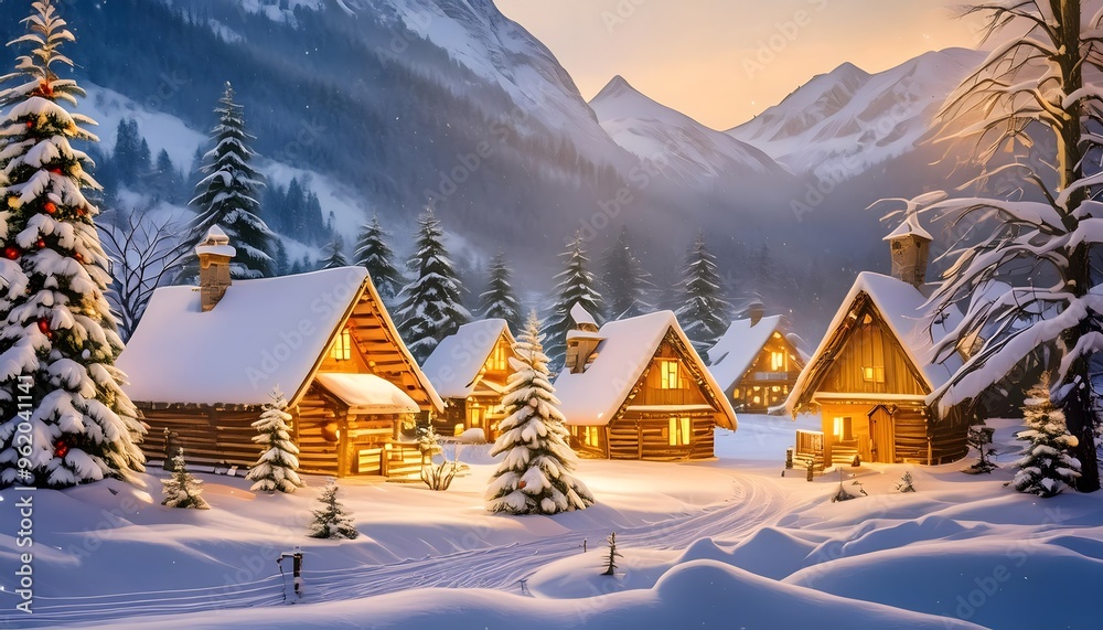 Christmas and New Year background. Winter landscape with wooden houses in the village, snowy day Christmas and New Year background. Winter landscape with wooden houses in the village, snowy day