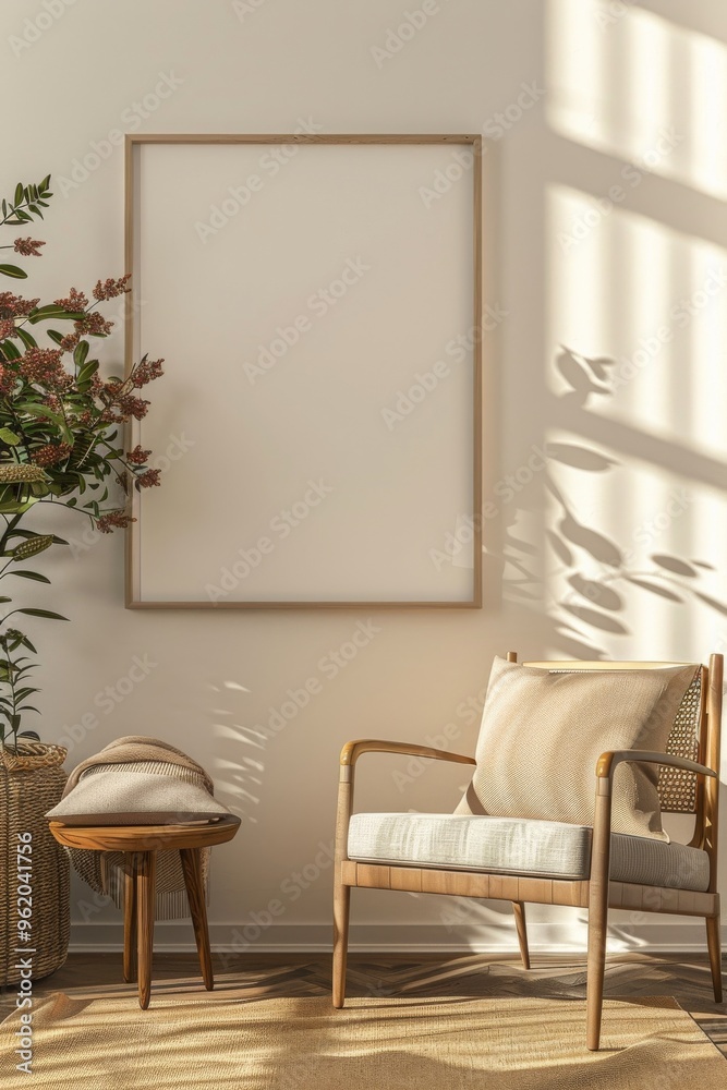 Fototapeta premium Poster frame mock-up in a stylish living room, offering an open space for showcasing artwork