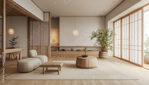 Serene Japandi Living Room with Minimalist Design Elements and Light Wooden Flooring photo