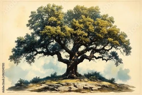 detailed botanical illustration majestic oak tree with sprawling branches vintage scientific style photo