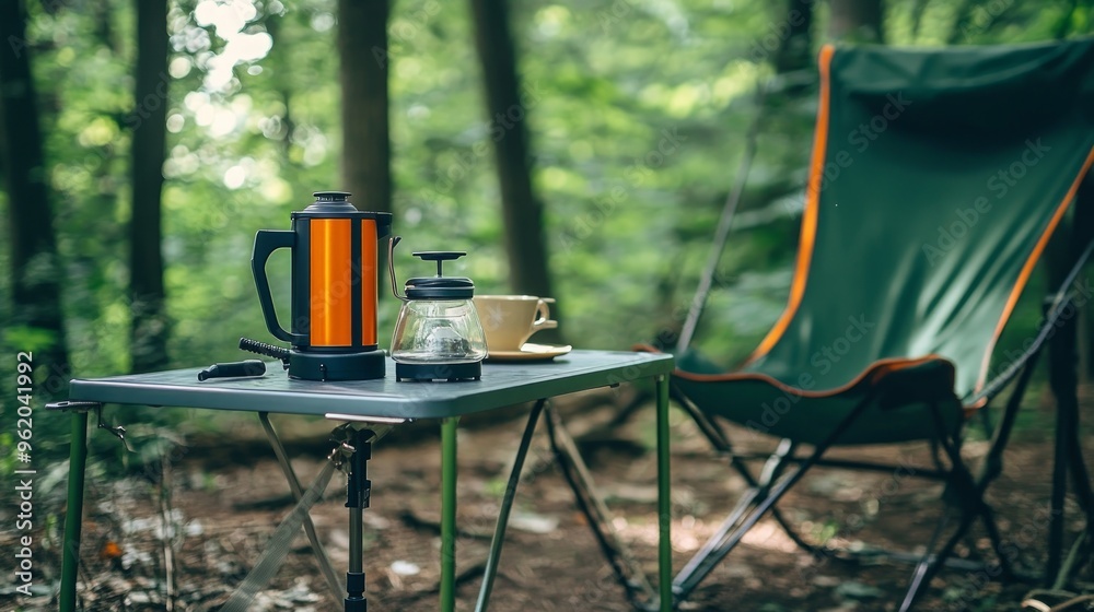 Fototapeta premium Minimalist camping coffee setup with a portable coffee maker, gas stove, and lantern on a table, set in a forest with a green camping chair.