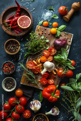 Assortment Mediterranean food, perfectly styled and presented in a studio shot, showcasing vibrant