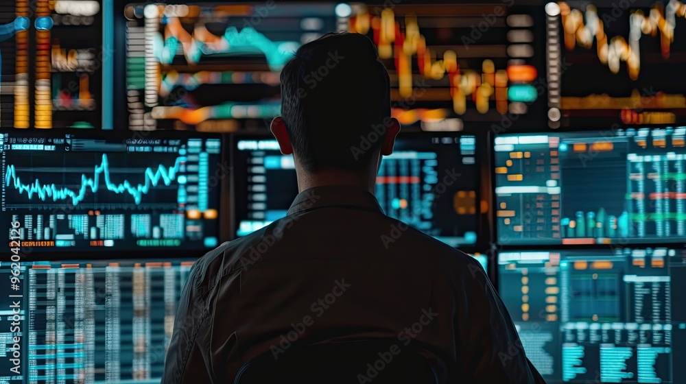 The man is focused on the screens The man is focused on the screens