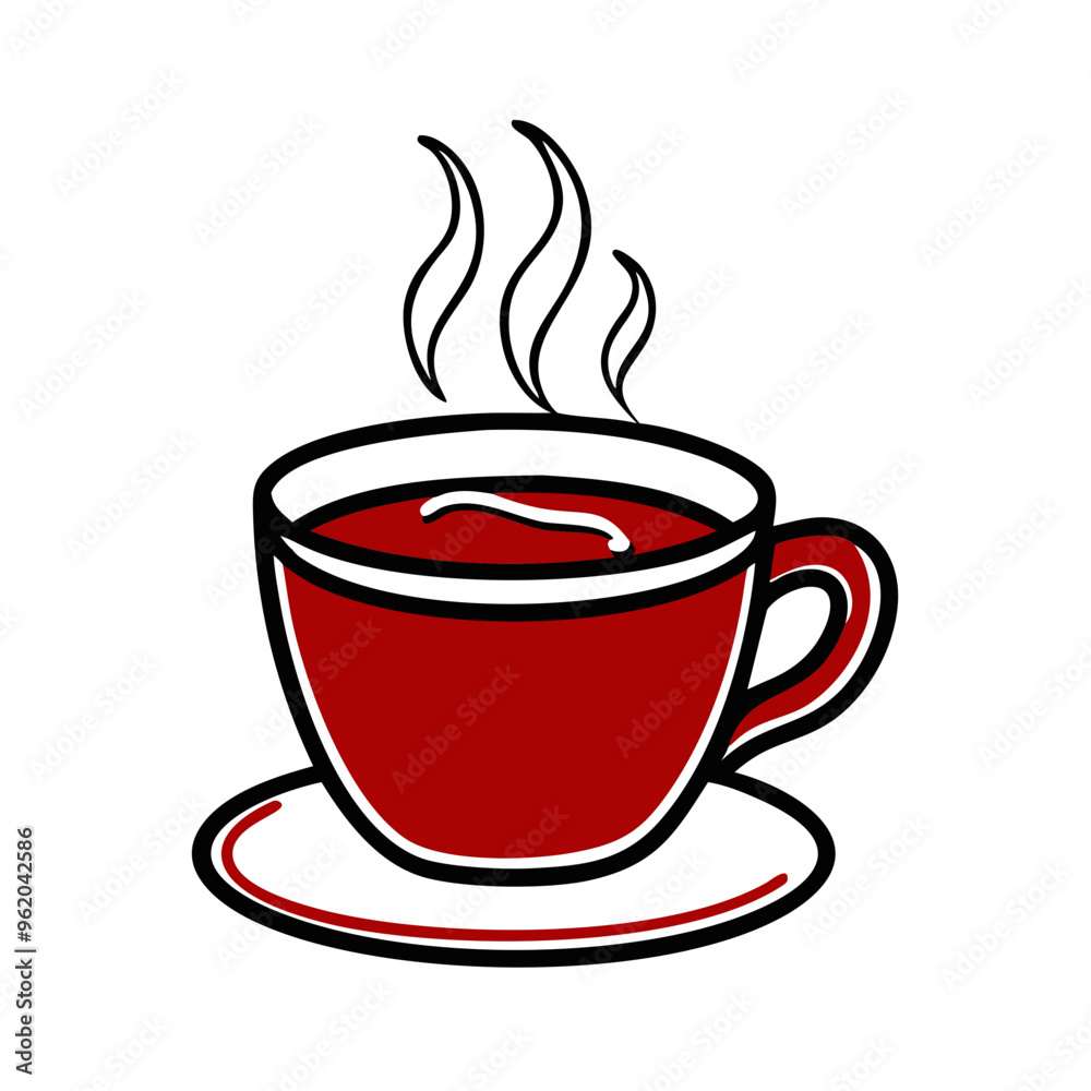 Steaming red cup of coffee or tea on a saucer, symbolizing warmth and comfort Steaming red cup of coffee or tea on a saucer, symbolizing warmth and comfort