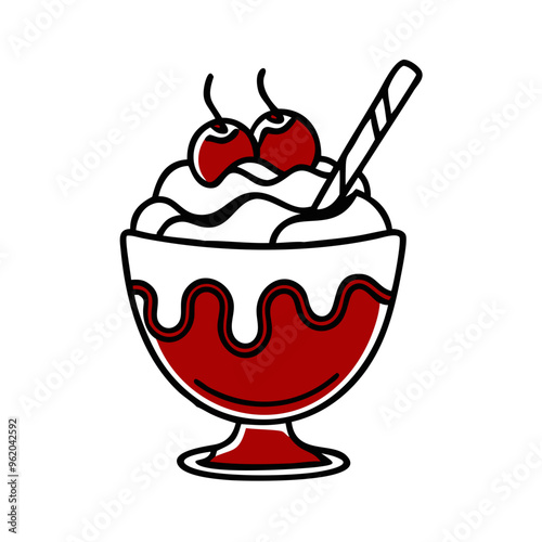 Delicious sundae topped with whipped cream, cherries, and a straw, characterized by a red and white design for sweet indulgence