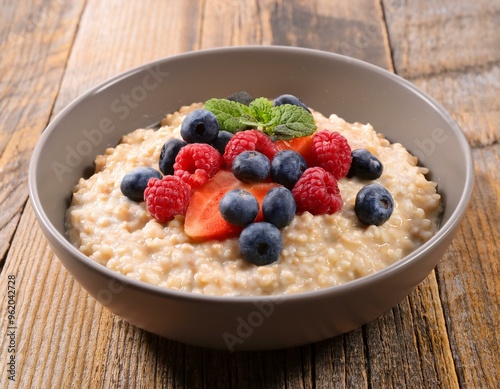 Bowl of healthy oatmeal with mixed berries on top