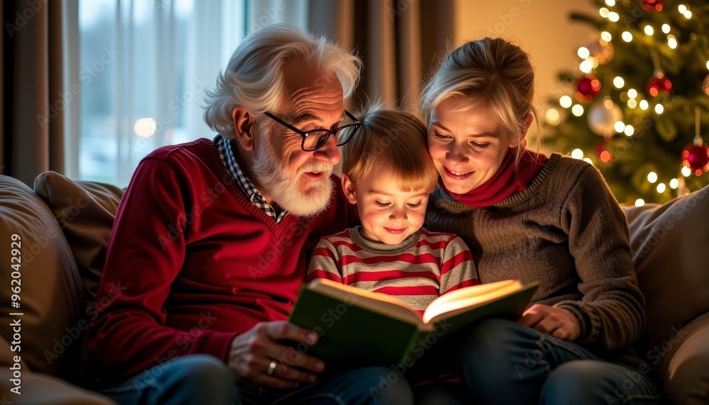 Cozy family moment with grandparents and child reading together by the Christmas tree, creating warm memories during the festive season.