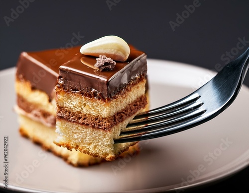 Isolated fork with a bite of fancy cake photo