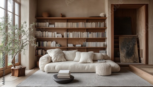 Tranquil Japandi Interior with Minimalist Wooden Bookshelf, Plush Gray Rug, and Cozy Beige Sofa