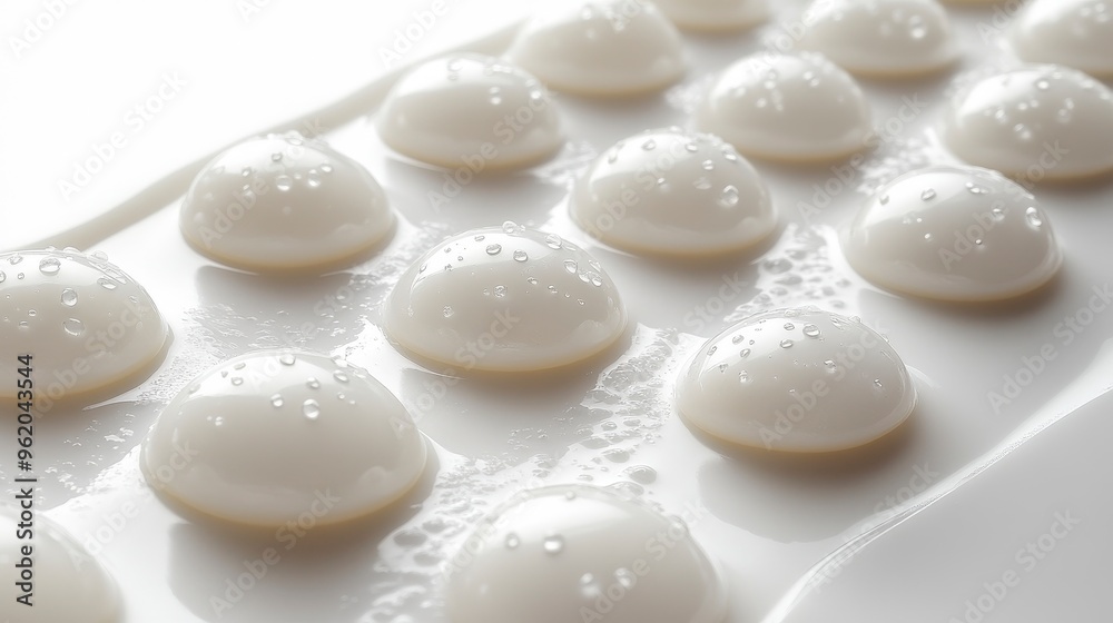 White round objects with water droplets on a white surface White round objects with water droplets on a white surface