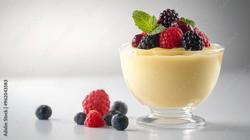 Exquisite Vanilla Cream Pudding with Fresh Fruit Garnish in Glass Bowl | High-Resolution Product Photography on White Background Exquisite Vanilla Cream Pudding with Fresh Fruit Garnish in Glass Bowl | High-Resolution Product Photography on White Background