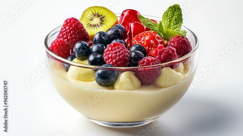 Delectable Vanilla Cream Pudding and Fresh Fruit in Glass Bowl on White Background - High Definition Product Shot with Hyperrealistic Detail