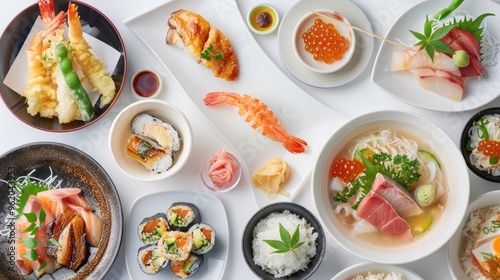 A table full of different types of food, including sushi, ramen, and shrimp