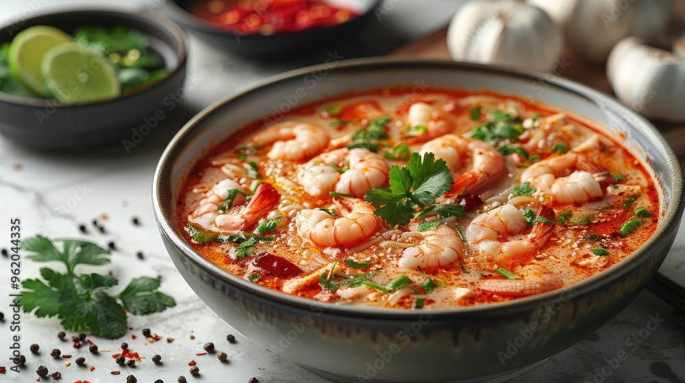 A bowl of shrimp soup with a bunch of parsley on the table A bowl of shrimp soup with a bunch of parsley on the table