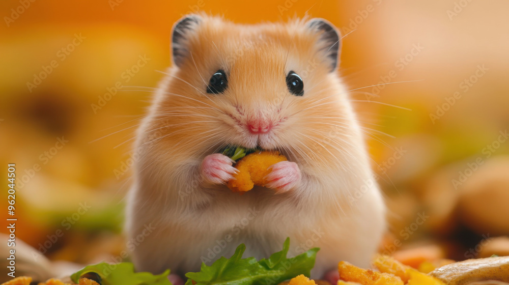 A hamster stuffing its cheeks full of food, looking adorably overstuffed A hamster stuffing its cheeks full of food, looking adorably overstuffed