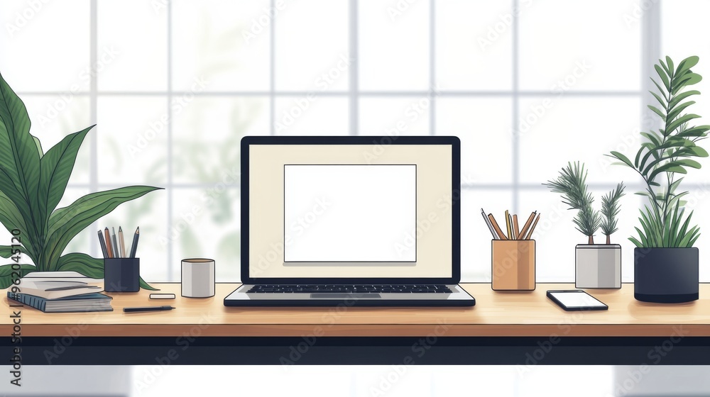 Fototapeta premium Cozy Green Office Concept Showcasing Minimalist Style: A work Desk with computer, Documents, green plants and Well-Lit Interior. graphic Resources, Illustration, 