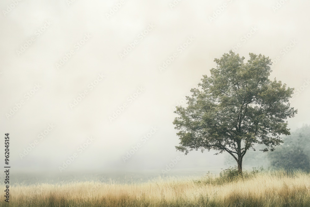 Obraz premium Solitary Tree in a Misty Meadow