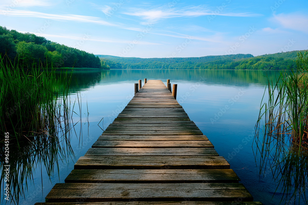 Fototapeta premium wooden pier on a blue calm lake