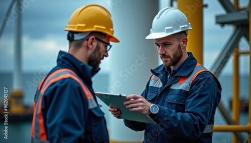 Two construction workers in helmets discussing plans on a tablet at a job site under cloudy skies.