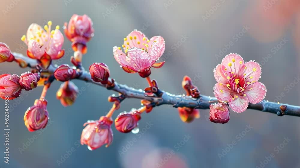 Beautiful blossoms emerge with droplets in early spring garden setting Beautiful blossoms emerge with droplets in early spring garden setting