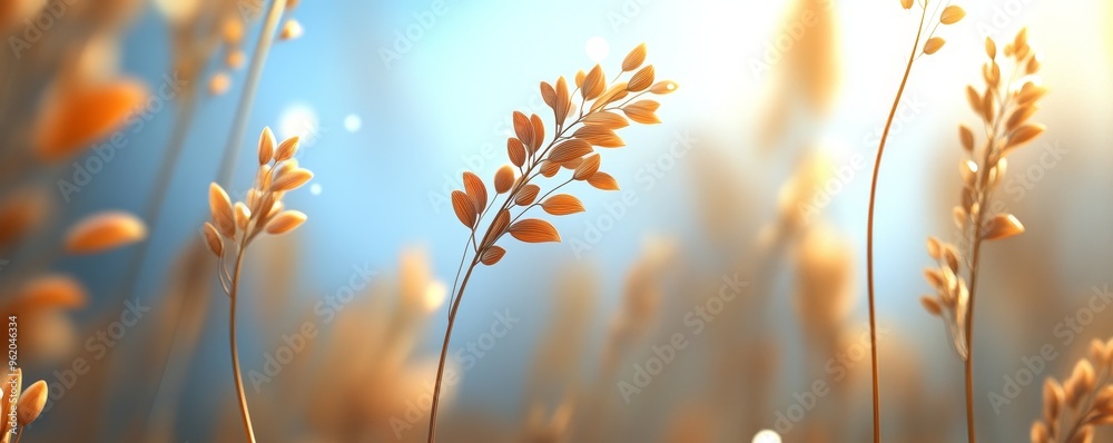 A serene close-up of golden grass swaying under soft sunlight, creating a peaceful and natural atmosphere. A serene close-up of golden grass swaying under soft sunlight, creating a peaceful and natural atmosphere.