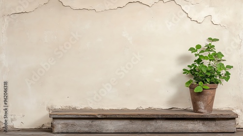 A rustic plant in a clay pot on a wooden ledge, set against a cracked beige wall, evoking simplicity and nature in home decor.