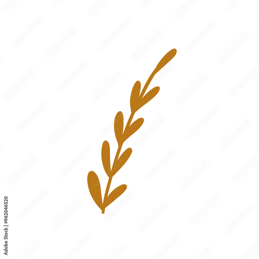Hand drawn yellow plant, cartoon flat vector illustration isolated on white background. Stem with leaves. Nature element. Autumn botany.