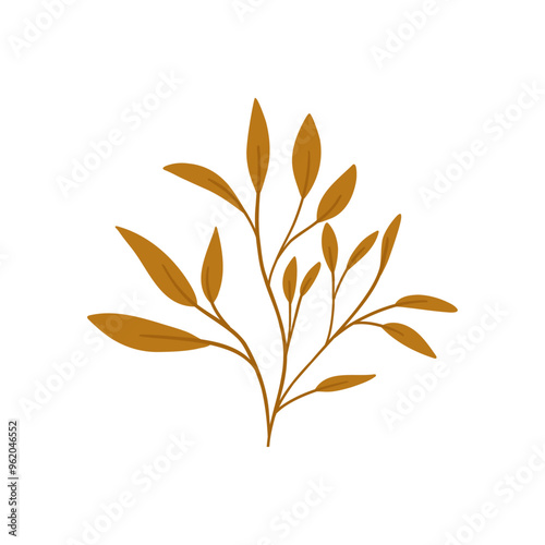 Hand drawn yellow plant, cartoon flat vector illustration isolated on white background. Stem with leaves. Nature element. Autumn botany.