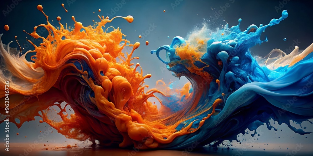 Liquid Symphony Orange and Blue Intertwined, Digital Art, Abstract Painting, Color Splash, Texture, Motion, Dynamic