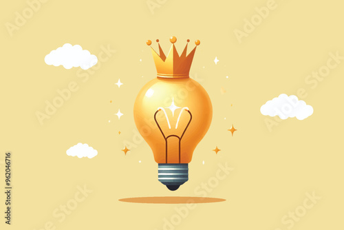Illustration of a burning lamp with a golden crown with shining star sparkles, as a symbol of unlimited creativity and ideas