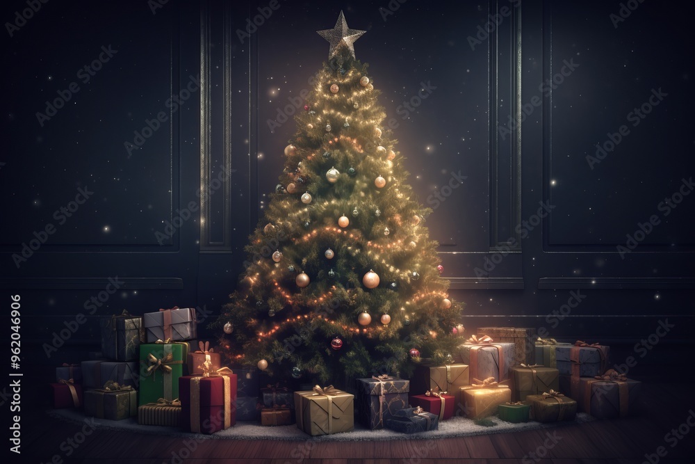 Fototapeta premium Golden Christmas Tree with Presents and Lights