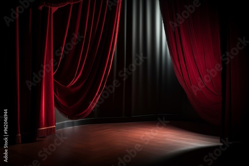 A dramatic scene of red stage curtains partially open, revealing a spotlight on the wooden floor. The dark background contrasts with the rich red fabric, creating a sense of anticipation, highlighting