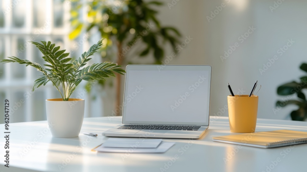 Cozy Green Office Concept Showcasing Minimalist Style: A work Desk with computer, Documents, green plants and Well-Lit Interior. graphic Resources,  Illustration, 