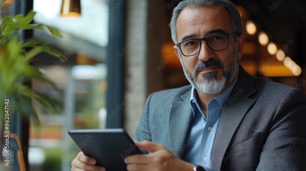 Professional Man in Business Attire Reading on Tablet Professional Man in Business Attire Reading on Tablet